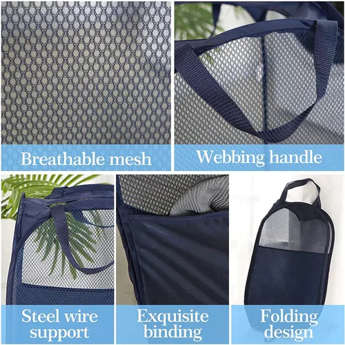 Vista 4 de AQQA Juego de 9 cestas de malla para la ropa sucia, negro/blanco/azul, asas duraderas, plegable, construcción de malla resistente, ideal para niños