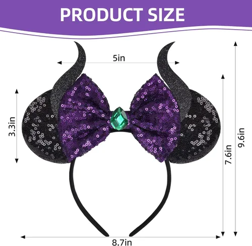 Vista 3 de Diadema de lazo con orejas de ratón, diadema de orejas de Minnie con lentejuelas
