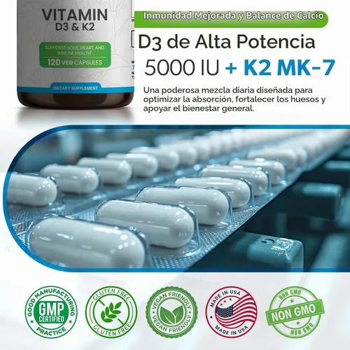 Vista 4 de Suplemento de vitamina D3 K2 5000 UI (MK-7 90 mcg), apoya la salud ósea