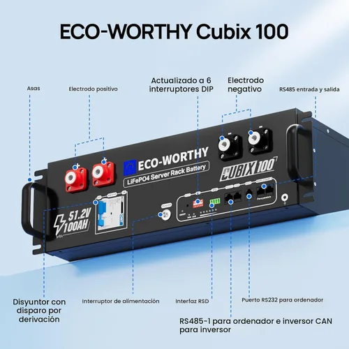 Vista 4 de ECO-WORTHY Cubix100 48V 100Ah LiFePO4 LiFePO4 Batería para rack