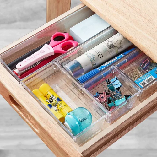Vista 3 de Bandeja organizadora de 14 cajones de plástico transparente para maquillaje, utensilios de cocina, joyas y accesorios