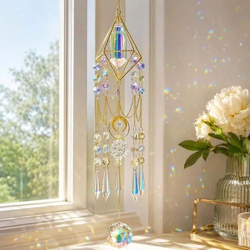 Vista 13 de Atrapasueños de Cristal para Ventana Colgante Campanilla de Viento Jardín Porche Hogar Boda Fiesta Fabricante de Arco Iris Perlas de Cristal