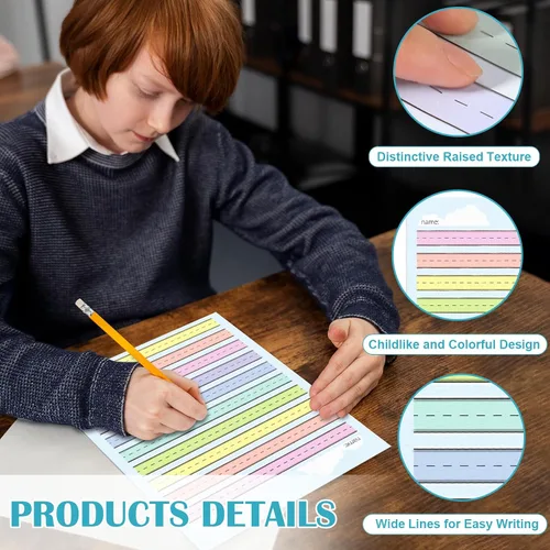 Vista 3 de 50 hojas de papel de línea elevada multicolor para práctica de escritura, papel de escritura de jardín de infantes de regla ancha, doble cara