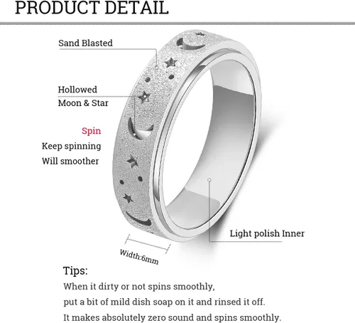 Vista 5 de OreilleStar Anillo de ansiedad para mujeres: Juguetes para adultos, anillos giratorios con luna y estrella, anillos para la ansiedad para mujeres