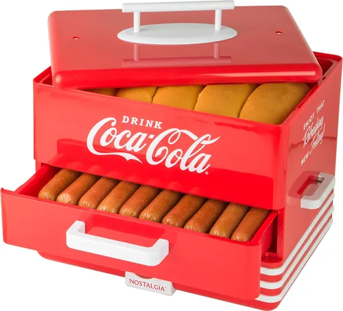 Vista 2 de Nostalgia Vaporizador y calentador de bollos para perros calientes de Coca-Cola extra grande, máquina de palomitas de maíz rojo y palomitas de maíz