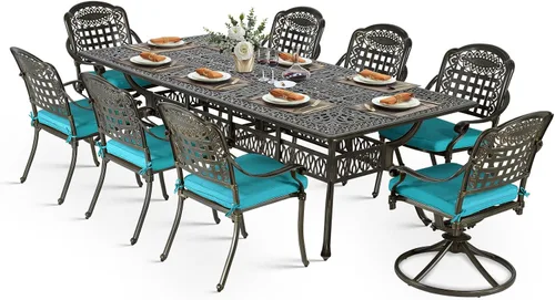 Vista 14 de VIVIJASON Juego de comedor al aire libre de 9 piezas, juego de mesa y sillas de patio de aluminio fundido para 8, incluye mesa rectangular de 94.5