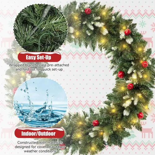 Vista 4 de Fohil Guirnalda de Navidad de 9 pies, 8 modos de guirnalda de Navidad artificial preiluminada con 60 luces LED, guirnalda de ratán verde con bayas