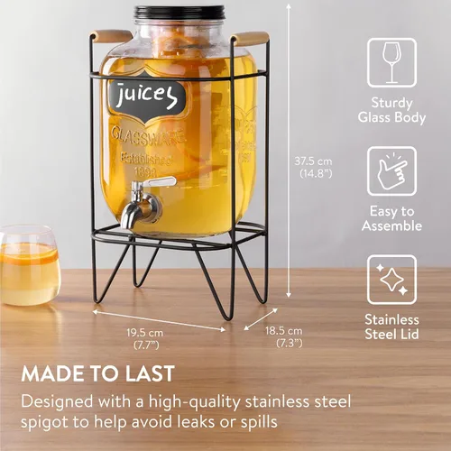 Vista 3 de Navaris Dispensador de bebidas en tarro de vidrio con grifo, incluye soporte de metal, tubo de hielo e infusor de frutas, para cóctel, limonada