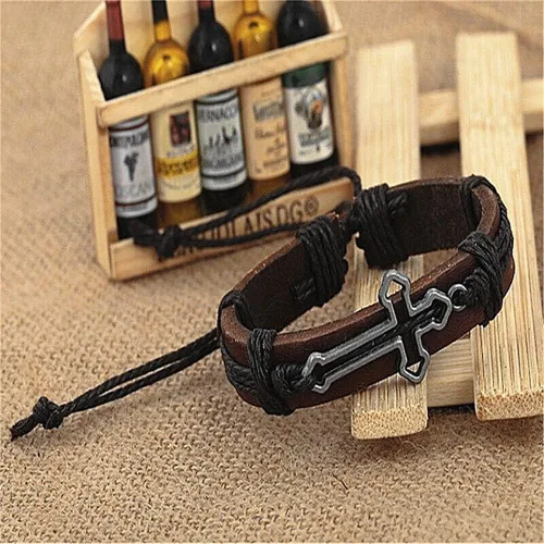 Vista 5 de brazalete negro con forma de cruz de cuero genuino para hombre