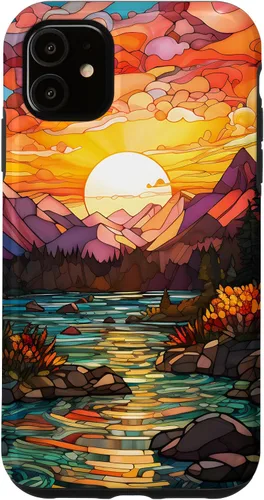Vista 8 de iPhone 16 Sunset Stained Glass Mosaic Landscape Scene Case