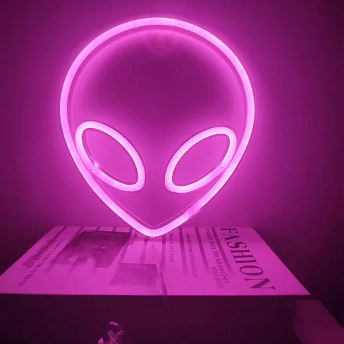 Vista 10 de Letrero de neón con cabeza de alienígena, 1 unidad, luz de neón de alienígena verde y morado, USB o 3 pilas AA, divertido letrero de neón iluminado