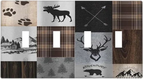 Vista 88 de Cubiertas de pared de lodge rústico retro con diseño de osos, ciervos y animales salvajes. Placas de pared dúplex simples para interruptor de luz.
