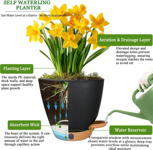 Vista 8 de Macetas de riego automático de 6 pulgadas para plantas de interior (paquete de 5) – Pequeñas macetas de plástico con ventana de nivel de agua