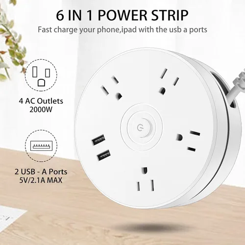 Vista 2 de Cable de extensión protector de sobretensiones – Barra de alimentación trenzada de enchufe plano con 4 tomas amplias y 2 puertos USB, estación