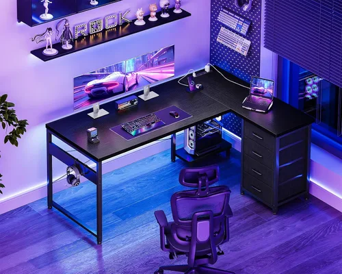 Vista 2 de AODK Escritorio para juegos en forma de L con 4 cajones, escritorios reversibles de oficina en casa de 53 pulgadas con tomas de corriente