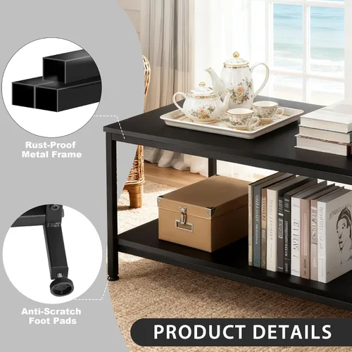Vista 6 de SUPER DEAL - Mesa de café industrial de 2 niveles con estante de almacenamiento para apartamento pequeño, sala de estar, mesa auxiliar rectangular