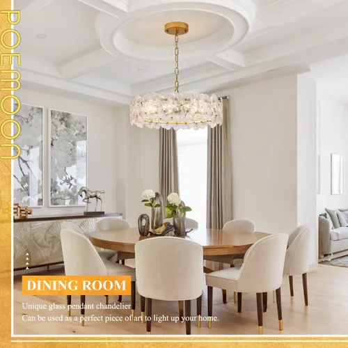 Vista 2 de Moderno candelabro de cristal transparente de flores de 20 pulgadas, elegante, 6 luces, lámpara dorada de lujo para sala de estar, comedor, cocina