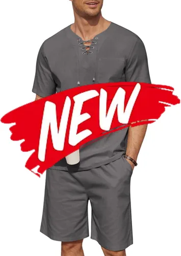 Vista 7 de COOFANDY Conjunto de 2 piezas de lino para hombre, camisa Henley con cordones, manga corta, casual, playa, pantalones cortos hippie, trajes de yoga