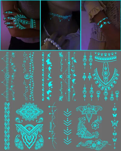 Vista 9 de 20 hojas de tatuajes temporales de mariposa que brillan en la oscuridad para mujeres, flores luminosas, mariposas, alas de tatuaje, calcomanías