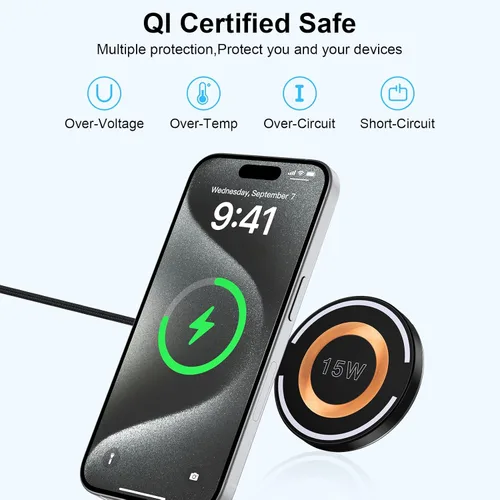 Vista 4 de 15w inalámbrico Qi Android teléfono celular Pad carga rápida compatible para iPhone 15 16 14 13 12 Samsung Galaxy S23 S24 S25 S21 S20 cargador