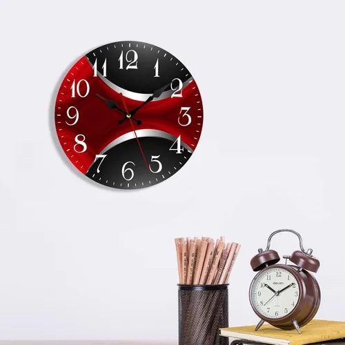 Vista 7 de ArtSocket Reloj de pared de madera silencioso sin tictac, rojo, negro, gris, cuadrícula geométrica irregular, rayas, abstracto, vintage, redondo