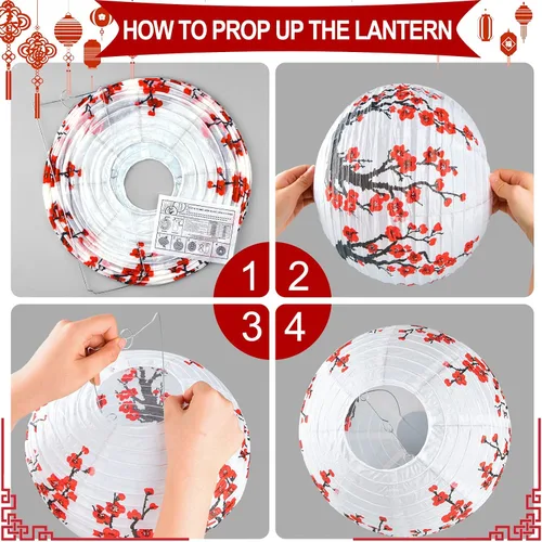 Vista 3 de Mototo Kit de 30 faroles de papel chinos japoneses, 12 pulgadas, flor de cerezo japonés con flor de cerezo rojo para festival de primavera, Año