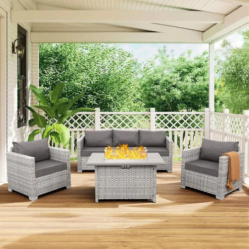 Vista 8 de WAROOM Juego de muebles de patio de 4 piezas para conversación de mimbre para exteriores, sofá seccional de ratán PE con mesa de almacenamiento Gris
