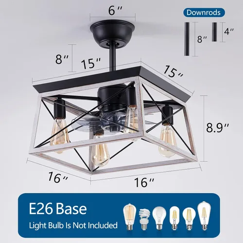 Vista 6 de Dalouguan Ventilador de techo enjaulado con luz, ventilador de techo sin aspas de 4 luces con luces y control remoto, ventilador de techo rústico