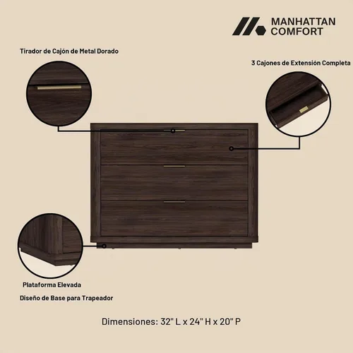 Vista 4 de Manhattan Comfort Evelyn - Mesita de noche con 3 cajones, mesa de noche minimalista de grano de madera con esquinas redondeadas y base elevada, mesa
