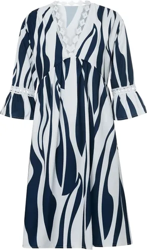 Vista 4 de Vestido de verano para mujer 2023, dulce y lindo cuello en V, manga acampanada, vestido corto suelto de manga 34 con vuelo floral