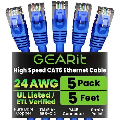 Vista 49 de GEARit Cables de conexión Cat6 de 1 pie negro (paquete de 5) Cables de conexión Cat 6 de 1 pie, cable de conexión negro/Ethernet, 10Gbps 550MHz
