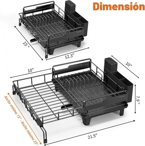 Vista 8 de Urackify - Escurridor de platos extendible, estante de secado de platos grande para encimera de cocina, escurridor de platos a prueba de óxido