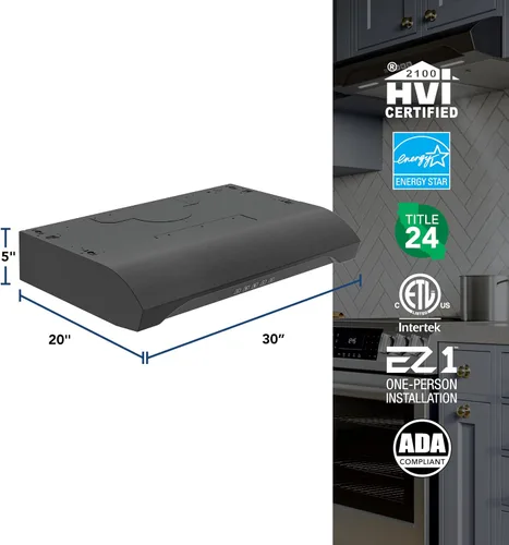Vista 6 de Campana extractora de 30 pulgadas de 350 MAX CFM con ventilador de 1.5 sones, negra, de acero inoxidable