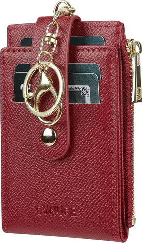 Vista 10 de Tarjetero de cuero para mujer, con bloqueo RFID, delgado y pequeño, con cremallera, llavero, bolsillo frontal, con 2 ventanas para identificación