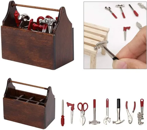 Vista 2 de eecoo - Caja de herramientas para casa de muñecas, caja de herramientas en miniatura de madera, modelo para casa de muñecas 1/12, accesorios con 8