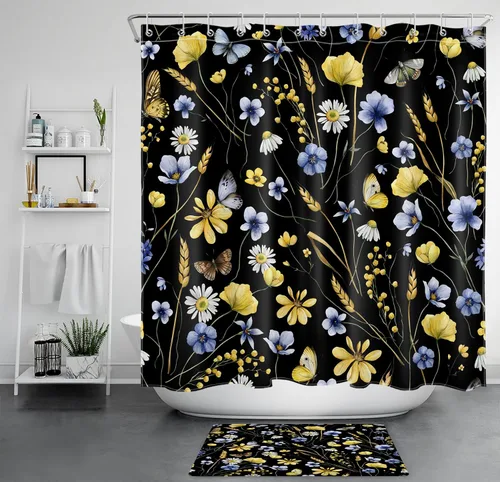 Vista 12 de EOBTAIN Nature - Cortina de ducha con flores silvestres para baño, cortina de ducha amarilla floral y mariposa sobre negro, con 10 ganchos, juego