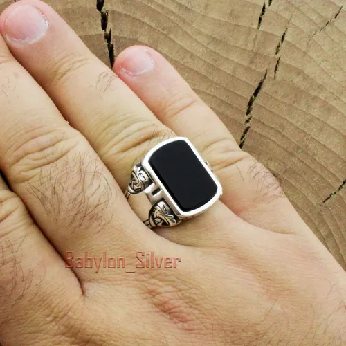 Vista 4 de Anillo de lujo pesado de plata de ley 925 con piedra de ónice turca hecha a mano con diseño de águila, Piedra, ónix