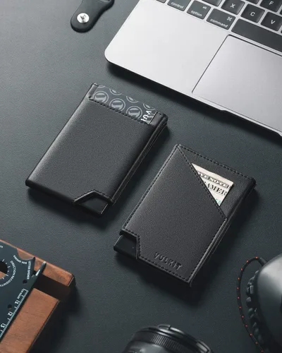 Vista 6 de VULKIT Cartera de tarjetas desplegable con bloqueo RFID, funda delgada de aluminio para tarjetas bancarias con bolsillo para dinero de negocios