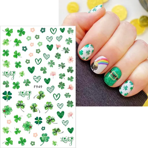 Vista 6 de 8 hojas de calcomanías de arte de uñas del día de San Patricio, calcomanías de uñas de trébol 3D, autoadhesivas, trébol verde, diseño de uñas