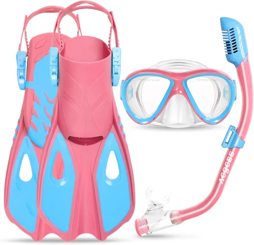 Vista 8 de Snorkeling Gear for Kids Ages 5-15, 4 in 1 Mask Fins Snorkel Set with HD Tempered Glass Panoramic View Anti-Fog Mask, Dry Top Snorkel, Adjustable