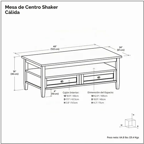 Vista 3 de SIMPLIHOME Warm Shaker - Mesa de centro de madera maciza de 48 pulgadas de ancho, color marrón