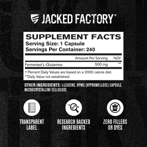 Vista 5 de Jacked Factory Cápsulas de L-Glutamina de 500 mg – Suplemento vegano de L-glutamina fermentada para recuperación muscular después del entrenamiento