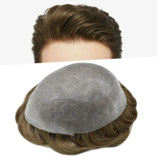 Vista 27 de Tupé de piel ultra fina para hombres pieza de cabello humano real sistema de reemplazo 0.002 in Mens Toupee Hairpiece para hombres V-Loop 8x10 80%
