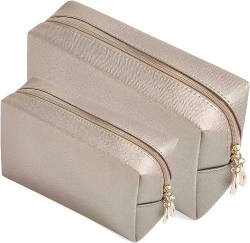Vista 10 de Juego de 2 bolsas de cosméticos de piel sintética para mujer, bolsa de maquillaje minimalista para uso diario, bolsa de almacenamiento portátil