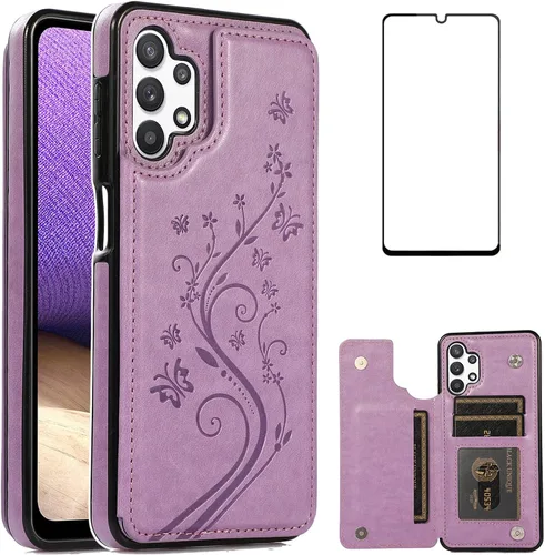 Vista 9 de Funda de teléfono para Samsung Galaxy A32 5G de 6.5 pulgadas con protector de pantalla de vidrio templado, tarjetero/tarjetero/cartera, soporte