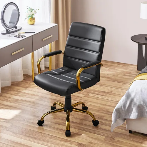 Vista 2 de Topeakmart Silla de escritorio de oficina Silla ejecutiva de cuero sintético ajustable con marco dorado asiento negro