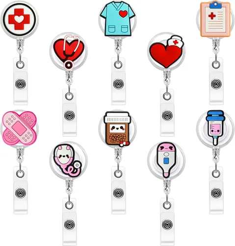 Vista 5 de Paquete de 10 carretes retráctiles para insignias de enfermera, porta-identificación de enfermería lindos para enfermeras, médicos, salud, hospital