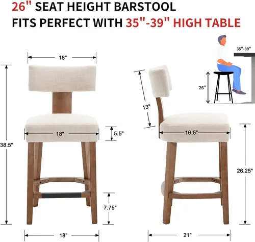Vista 2 de RIVOVA Taburete de bar de 26 pulgadas de altura de mostrador, taburetes de bar de cocina modernos con respaldo y patas de madera maciza, taburetes