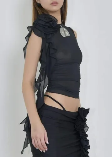 Vista 5 de KMBANGI Camiseta sin mangas sexy floral para mujer, con volantes Y2K, cuello halter, sin mangas, hombros descubiertos, sin espalda, tubo de flores