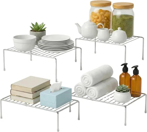 Vista 12 de Evelots Organizador de estantes de alambre para armario de cocina, paquete de 4 elevadores de metal grandes y resistentes, duplica tu espacio